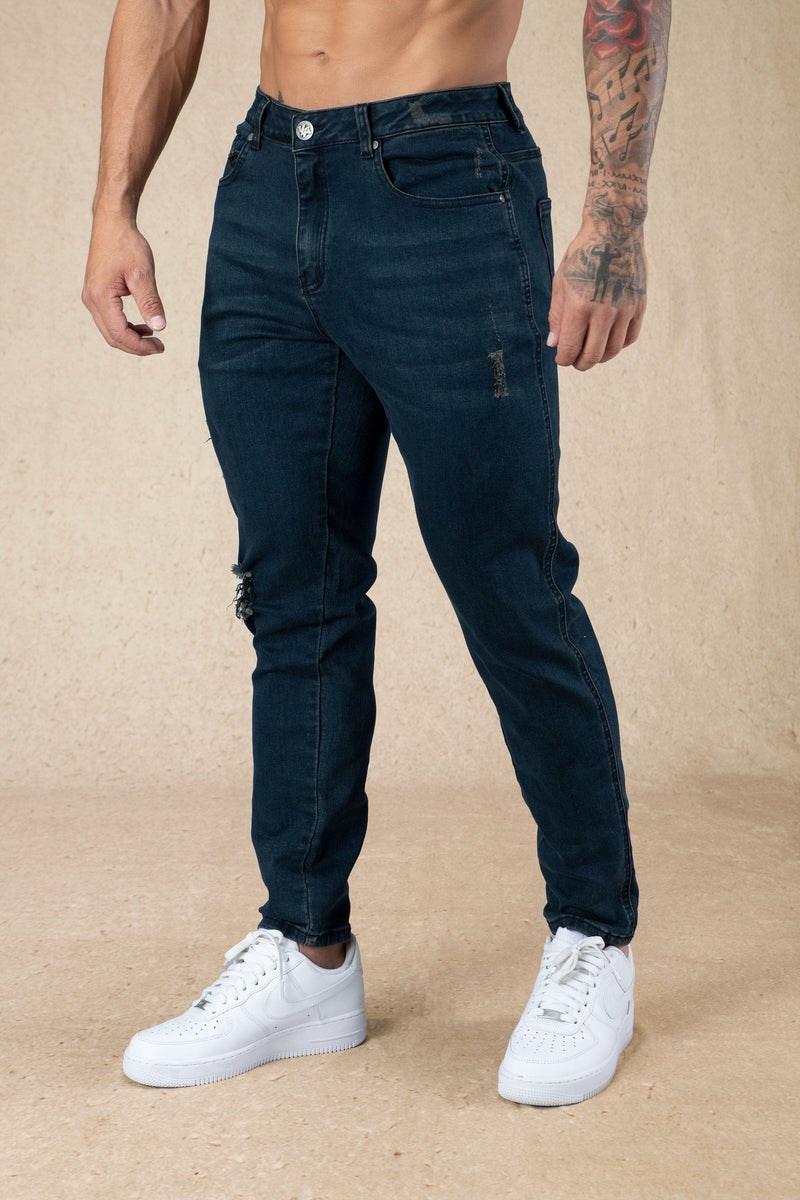 YoungLA 607 Tailored Slim Fit Jeans Donkerblauw Lichtturkoois | 6914075-SI